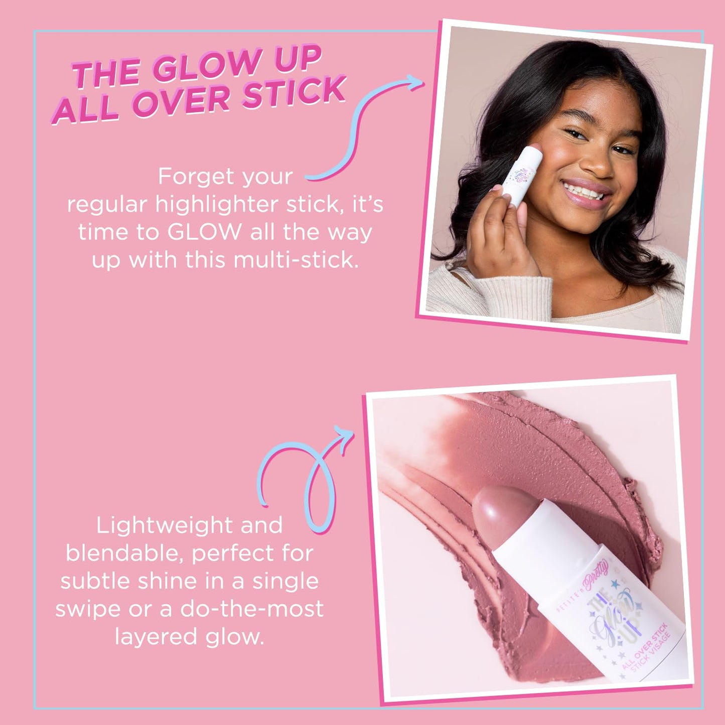Petite N Pretty Glitter Makeup Set - Shimmering for Eyes, Cheeks, and Body - Glow Up Stick & All-Over Glitter in Pink Sherpa Bag for Kids, Teens