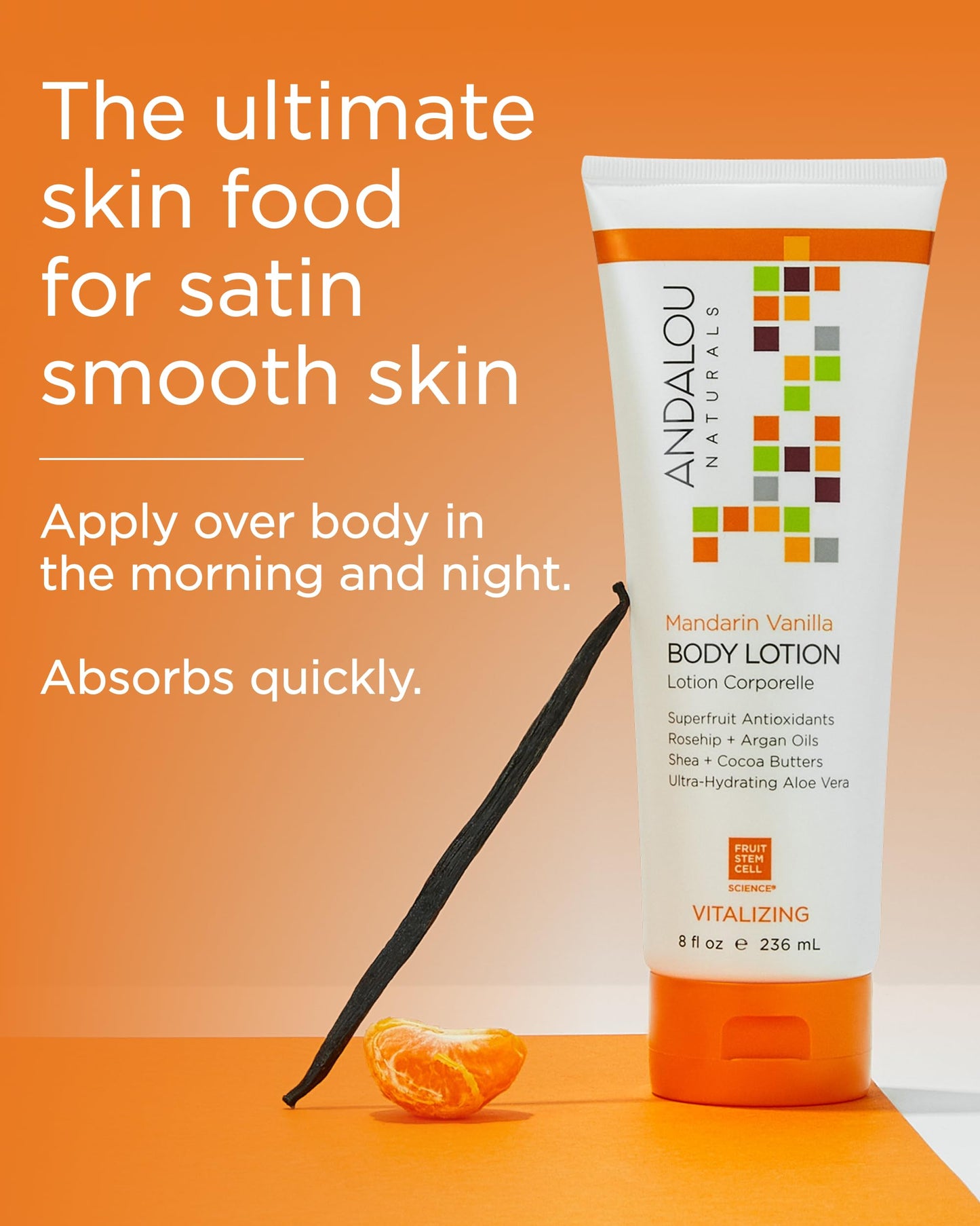 Andalou Naturals Vitalizing Body Lotion Mandarin Vanilla - Hydrating Daily Moisturizer to Nourish Dry Skin - With Shea Butter, Cocoa Butter, Rose Hip