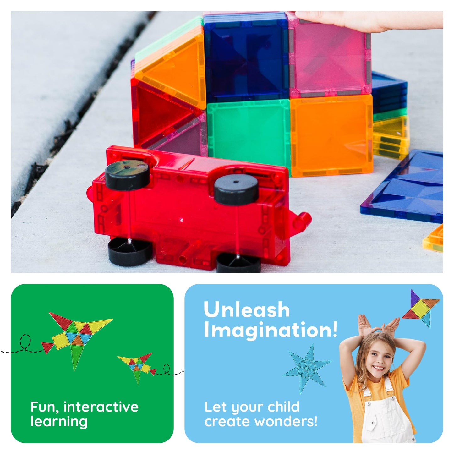 PicassoTiles 2pc Car Truck Set – Magnetic Vehicles with Reinforced Hitch & Long Bed, STEM Building Toy for Kids Ages 3+