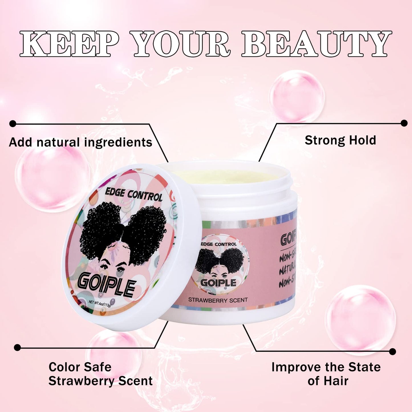 Edge Control Wax for Women Strong Hold Non-greasy, Edge Wax Styling Gel for Black Women Hair No Flaking, White Residue, Shine and Smooth Strawberry