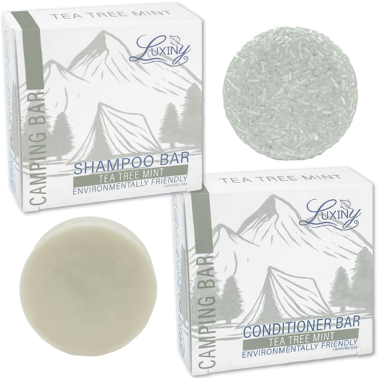Luxiny Tea Tree Mint Shampoo and Conditioner Bar Set - 1 Sulfate Free Shampoo Bar (60g), 1 Deep Conditioner Bar (50g) for All Hair Types, Made in USA