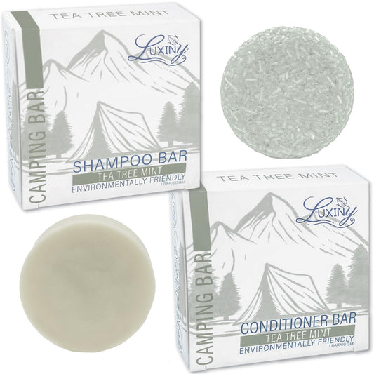 Luxiny Tea Tree Mint Shampoo and Conditioner Bar Set - 1 Sulfate Free Shampoo Bar (60g), 1 Deep Conditioner Bar (50g) for All Hair Types, Made in USA