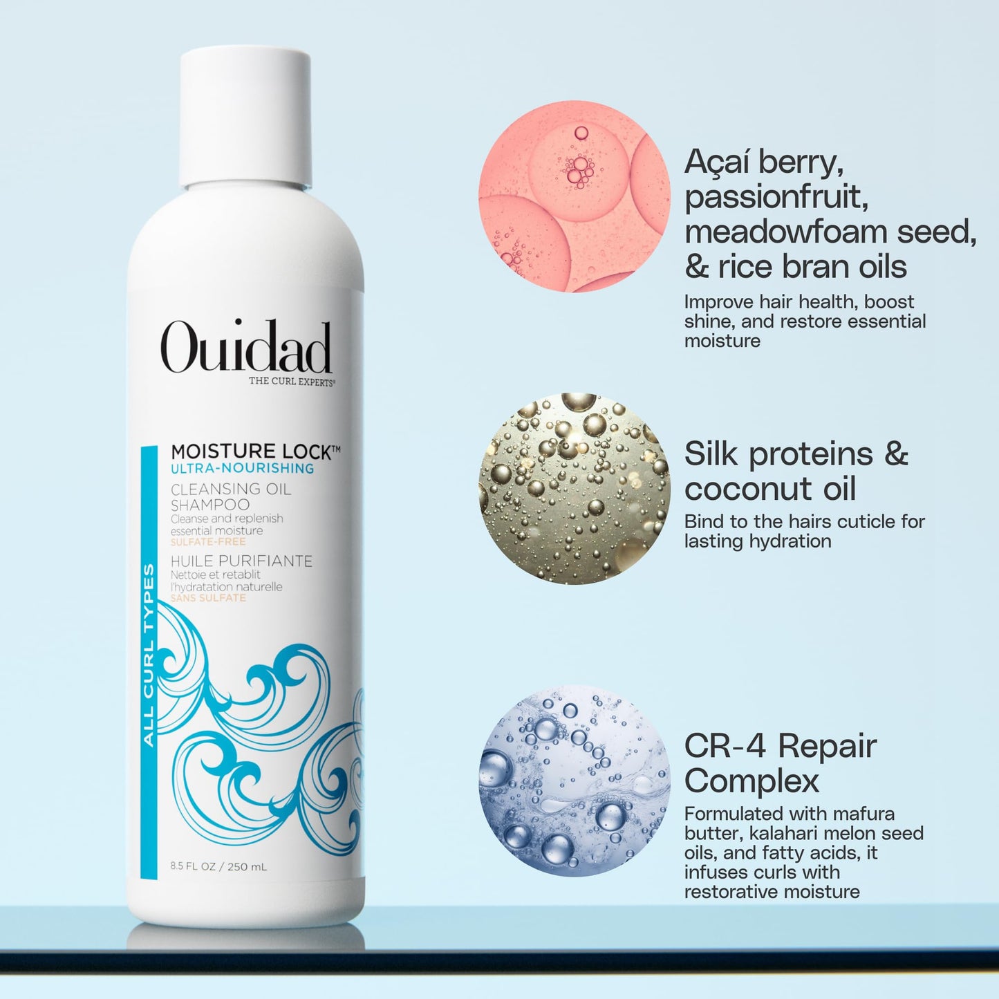 Ouidad Moisture Lock Ultra Nourishing Cleansing Oil Shampoo for Curly Hair - 8.5 fl oz, Rehydrates Dry, Damaged Curls, Color Safe Shampoo, For Women