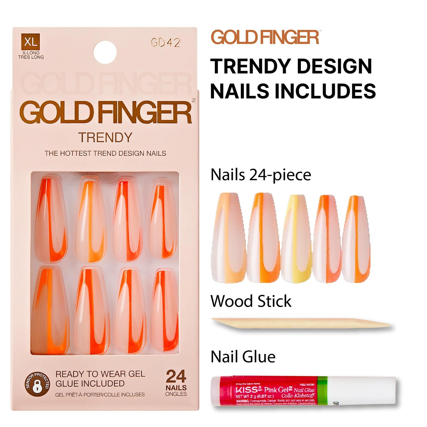Goldfinger Trendy False Nails Kit, X-Long Coffin Design Nail, Minimal Tropical Orange & Yellow Print, Ready to Wear Gel & Manicure Stick Included Beauty & Personal Care Goldfinger