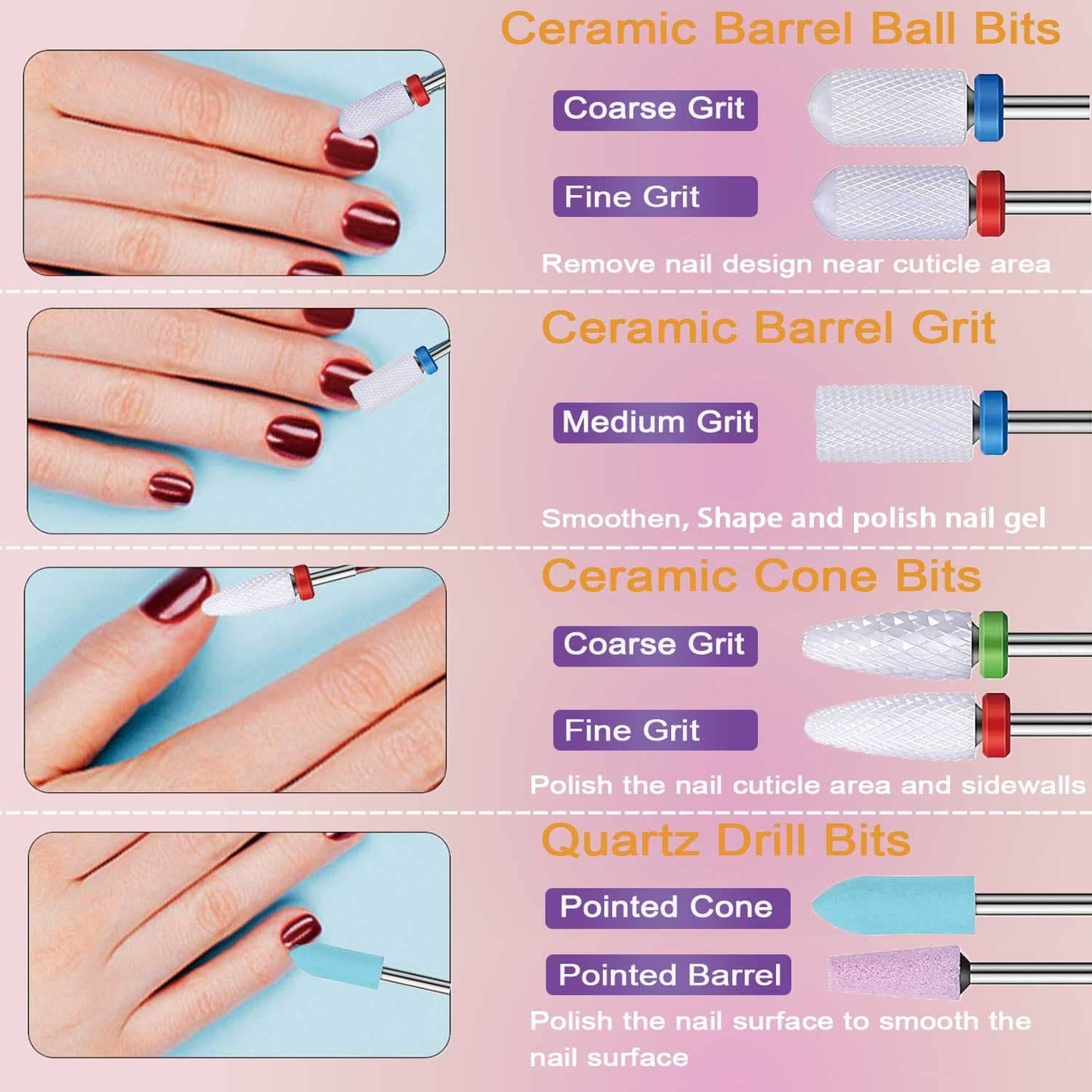 Nail Drill Bits Set, 3/32" Ceramic Tungsten Carbide Diamond Drill Kit,30Pcs Safety Professional Rotary Burrs Polish Nail File Bit for Acrylic Poly