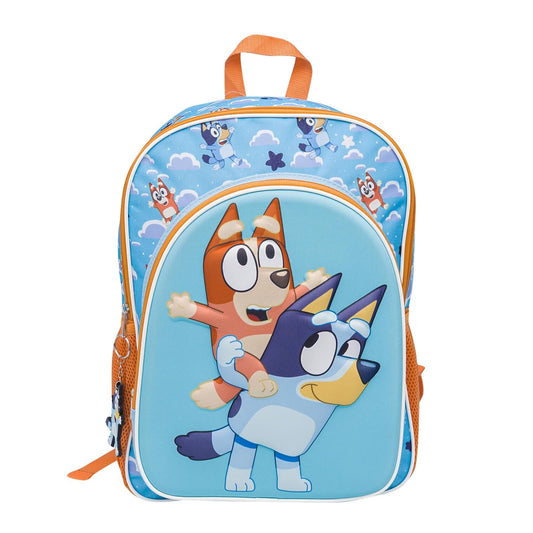 Fast Forward Bluey & Bingo 16" Backpack with 3D Character Print & Bluey Keychain - Kids School Bag with Front Pocket & Mesh Side Pockets