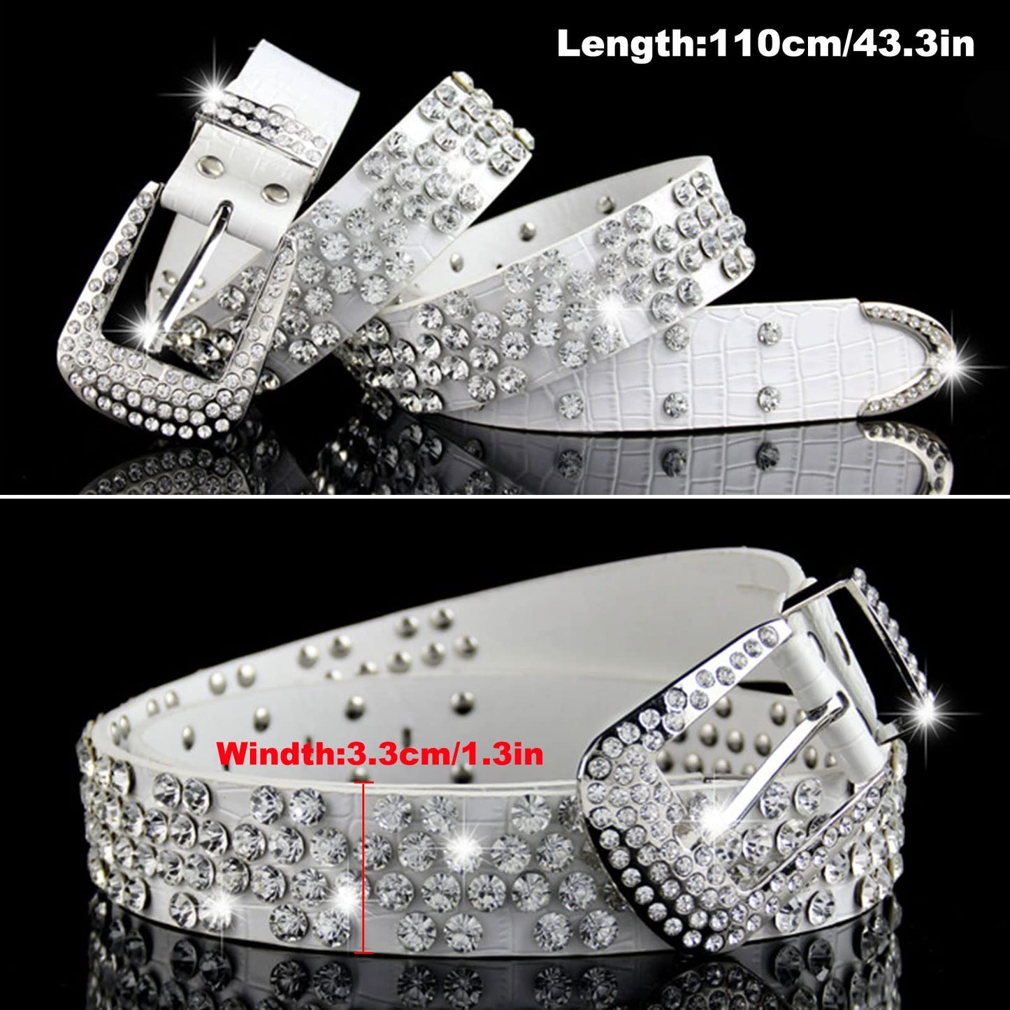 AVZXXKUF Rhinestone Studded Western Leather Belt Rhinestone Belt for Women Men Vintage Cowgirl Bling Design Waist Belts for Pants Jeans Dresses(White)