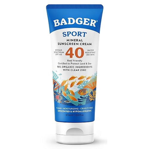 Badger Sport Mineral Sunscreen, Reef Safe, SPF 40, 98% Organic with Zinc Oxide, Water Resistant, Hawaii Reef Act 104 Compliant, Unscented