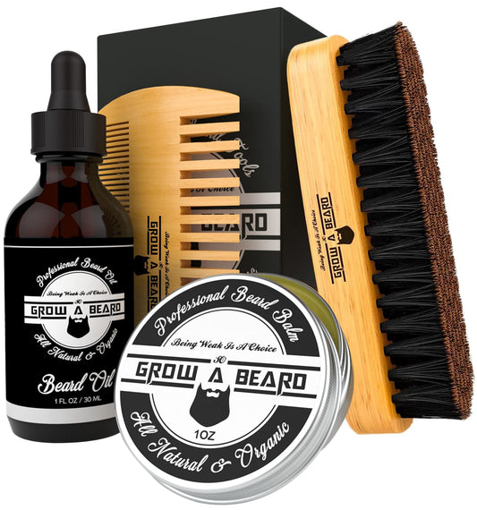 Beard Brush, Beard Comb, Beard Oil, & Beard Balm Grooming Kit for Men's Care, Travel Facial Hair Set for Growth, Styling, Shine & Softness, Great
