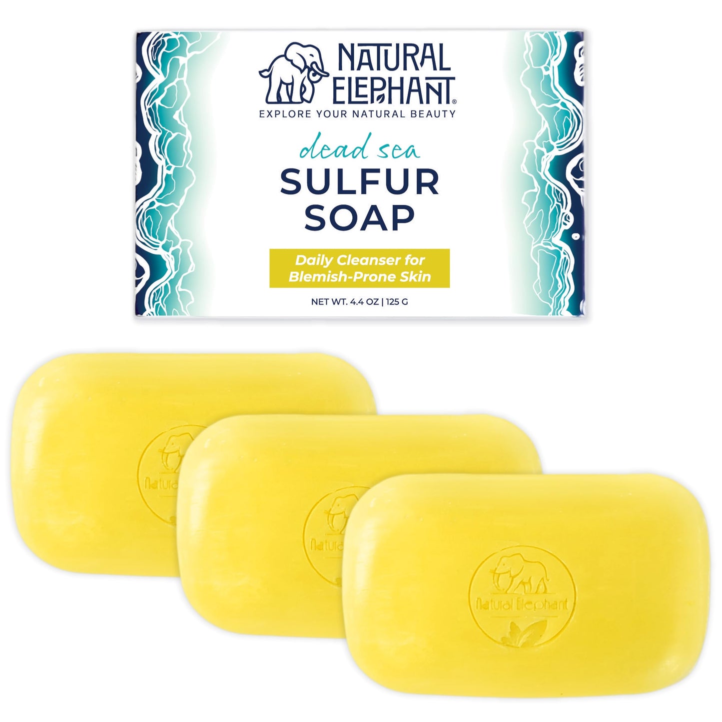 Natural Elephant Dead Sea Sulfur Soap 4.4 oz with Dead Sea Salt, Aloe Vera, Sulphur Face and Body Cleanser Bar for All Skin Types (3 Pack (13.2 oz