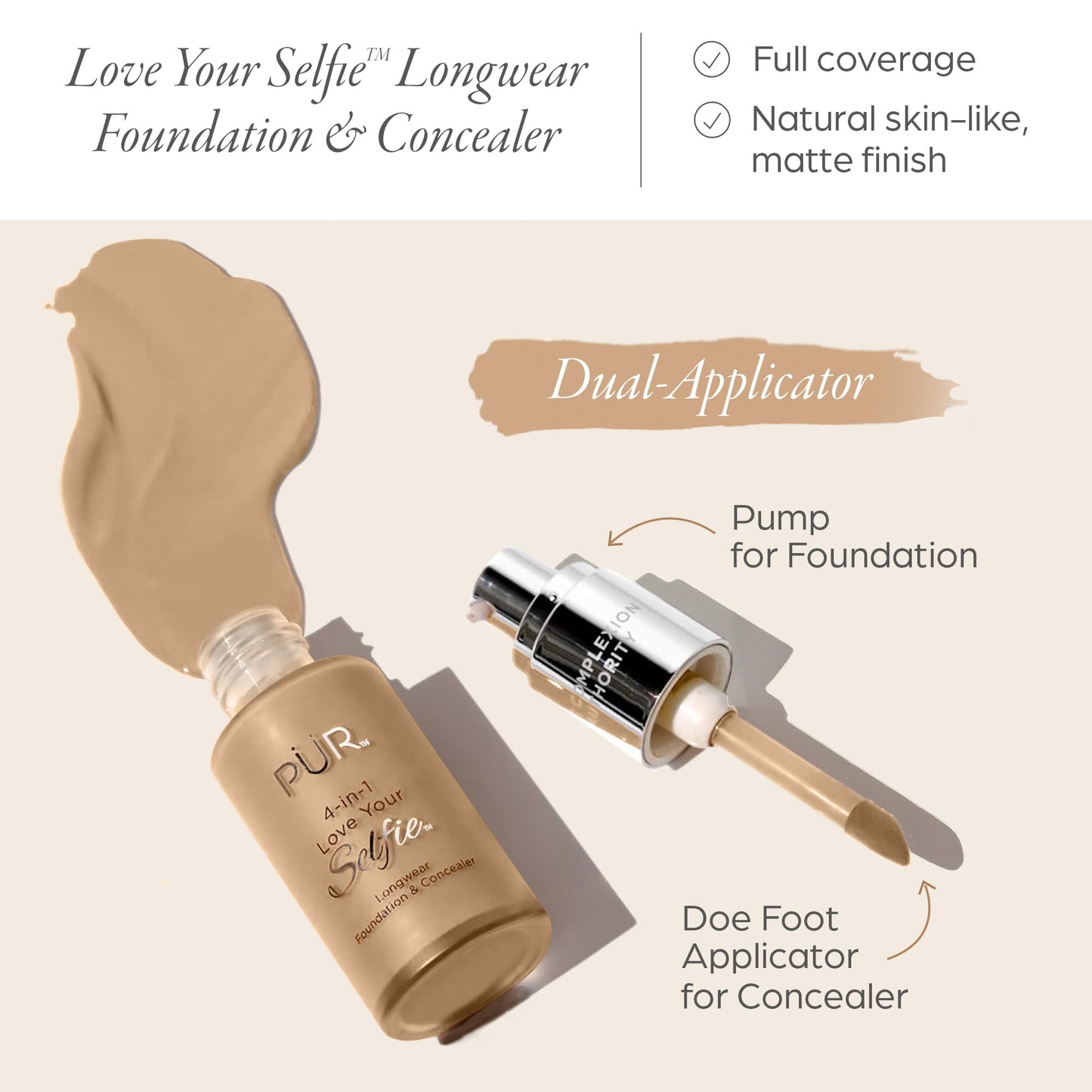 PÜR MINERALS 4-in-1 Love Your Selfie Longwear Foundation & Concealer, Full Coverage Liquid Foundation, Hydrating Formula, Cruelty Free