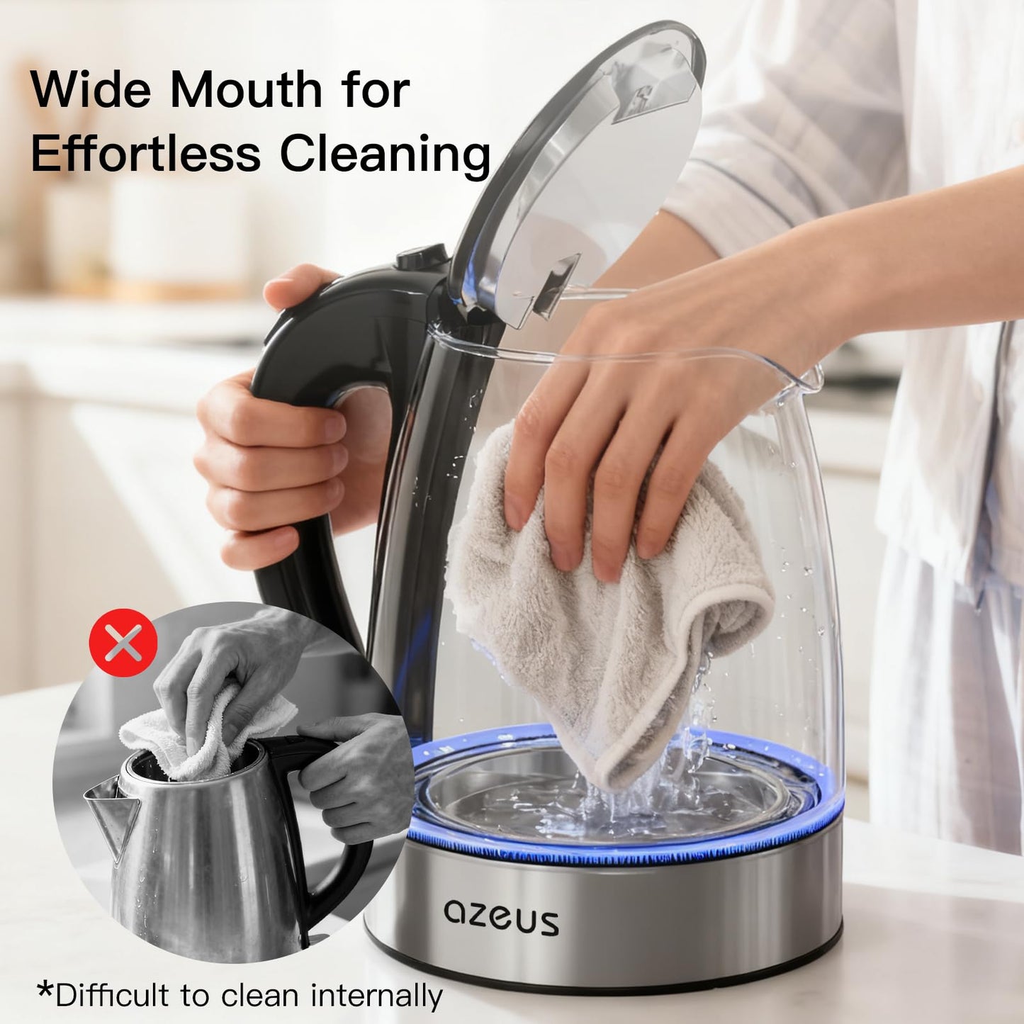 AZEUS Electric Kettle 1500W Cool Touch Tea Kettle Anti-scalding Design 1.8L Large Capacity Kettle BPA-Free, White