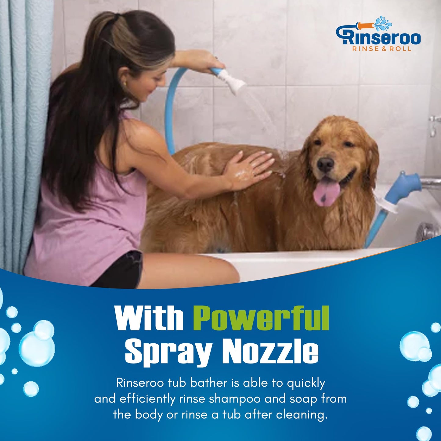 Rinseroo Slip-On Bathtub Faucet Sprayer Attachment – Ultra-Flex Dog Shower Adapter with Portable Pet Showerhead, 5-Foot Hose, No Installation, Fast & Easy Washing