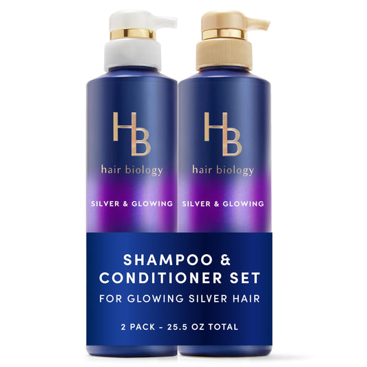 Hair Biology Biotin-Infused Purple Shampoo and Conditioner Set for Grey Hair, Anti-Brassiness, Moisturizing, Color-Safe, Silver & Glowing, Corrects Beauty & Personal Care Hair Biology