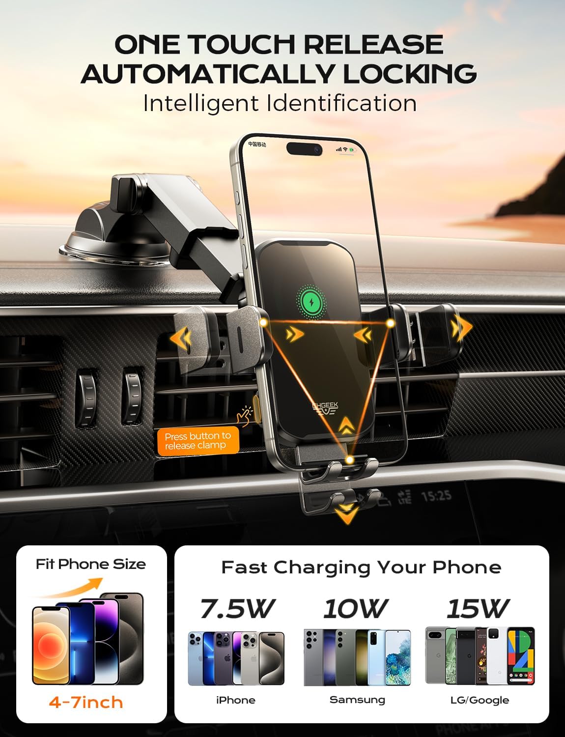 CHGeek Wireless Car Charger Phone Holder Mount, 15W Fast Charging Auto Clamping Phone Holders for Your Car Dashboard Windshield Air Vent Car…