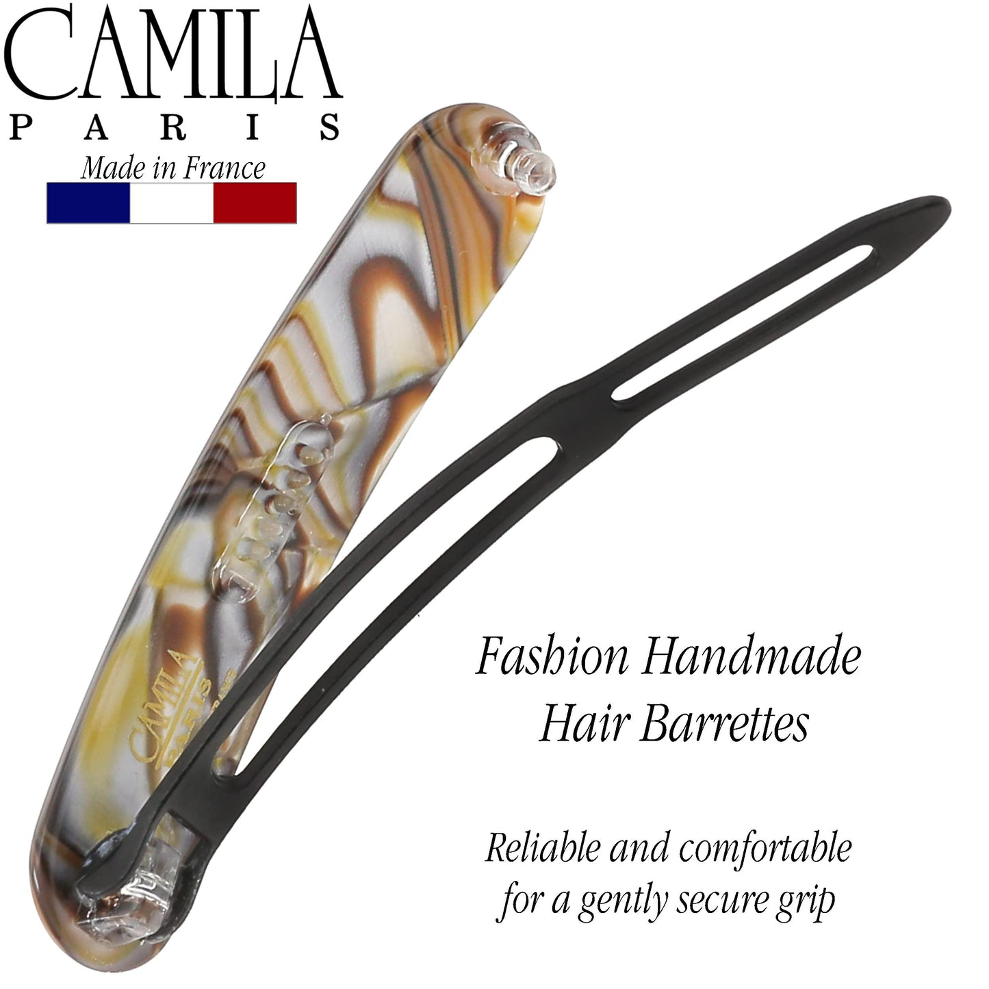 Camila Paris CP2818 French Hair Barrette Clip for Girls, Handmade, Onyx, Metal-Free Closure Strong Hold Grip Hair Clips for Women, No Slip and Durable