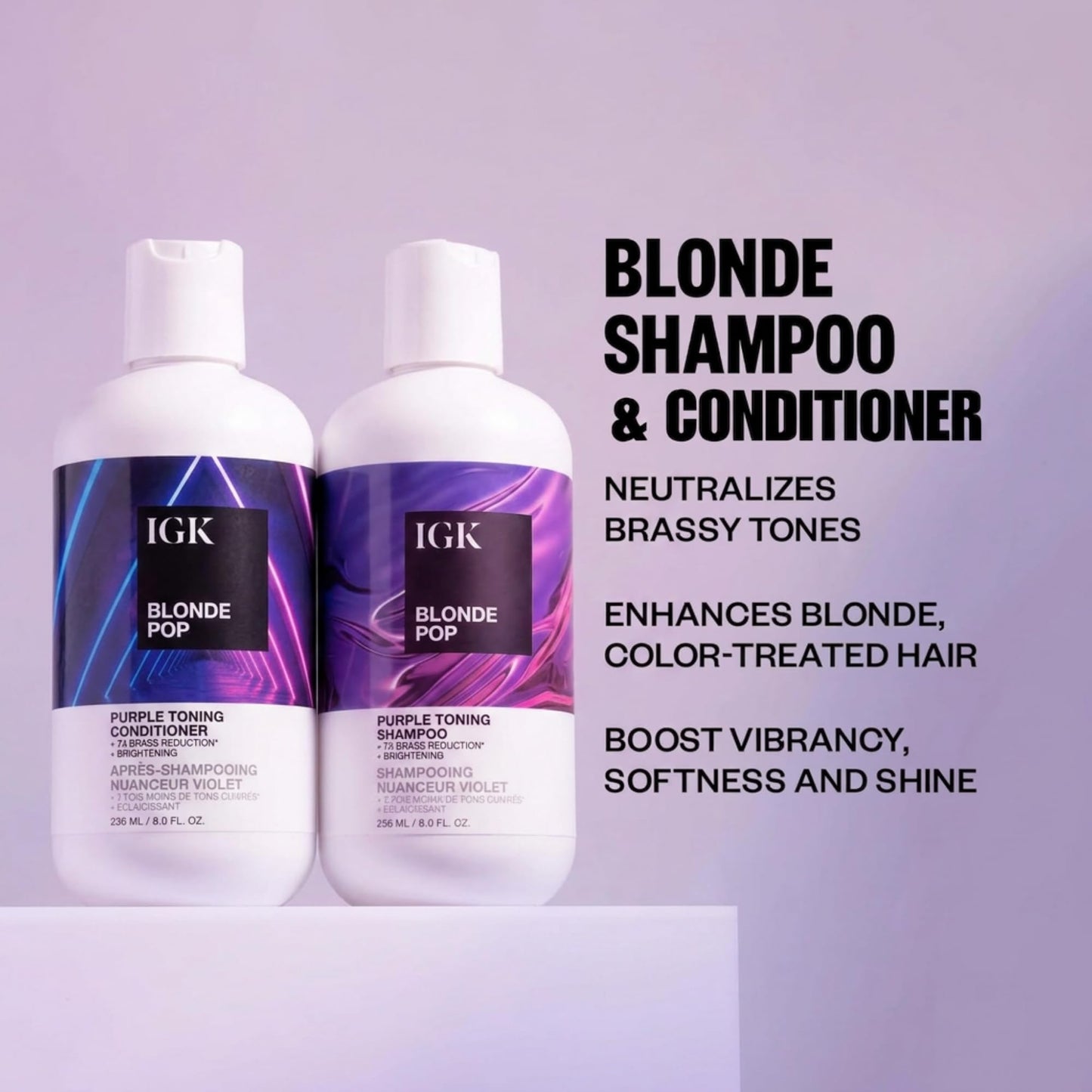 IGK BLONDE POP Purple Toning Shampoo & Conditioner Set | Neutralizes Brass + Brightens Blonde | Vegan + Cruelty-Free | 8 oz (Pack of 2)