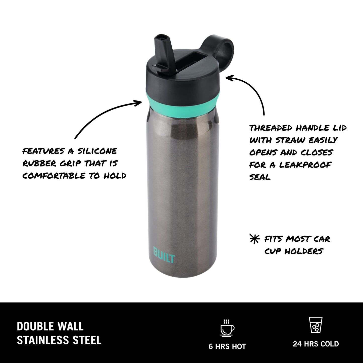 BUILT 20 fl oz Double-Walled Stainless Steel Wide Mouth Cascade Bottle, Straw Lid Spill-resistant Travel Cup with Rubber Grip Keep Drinks Cold Hot