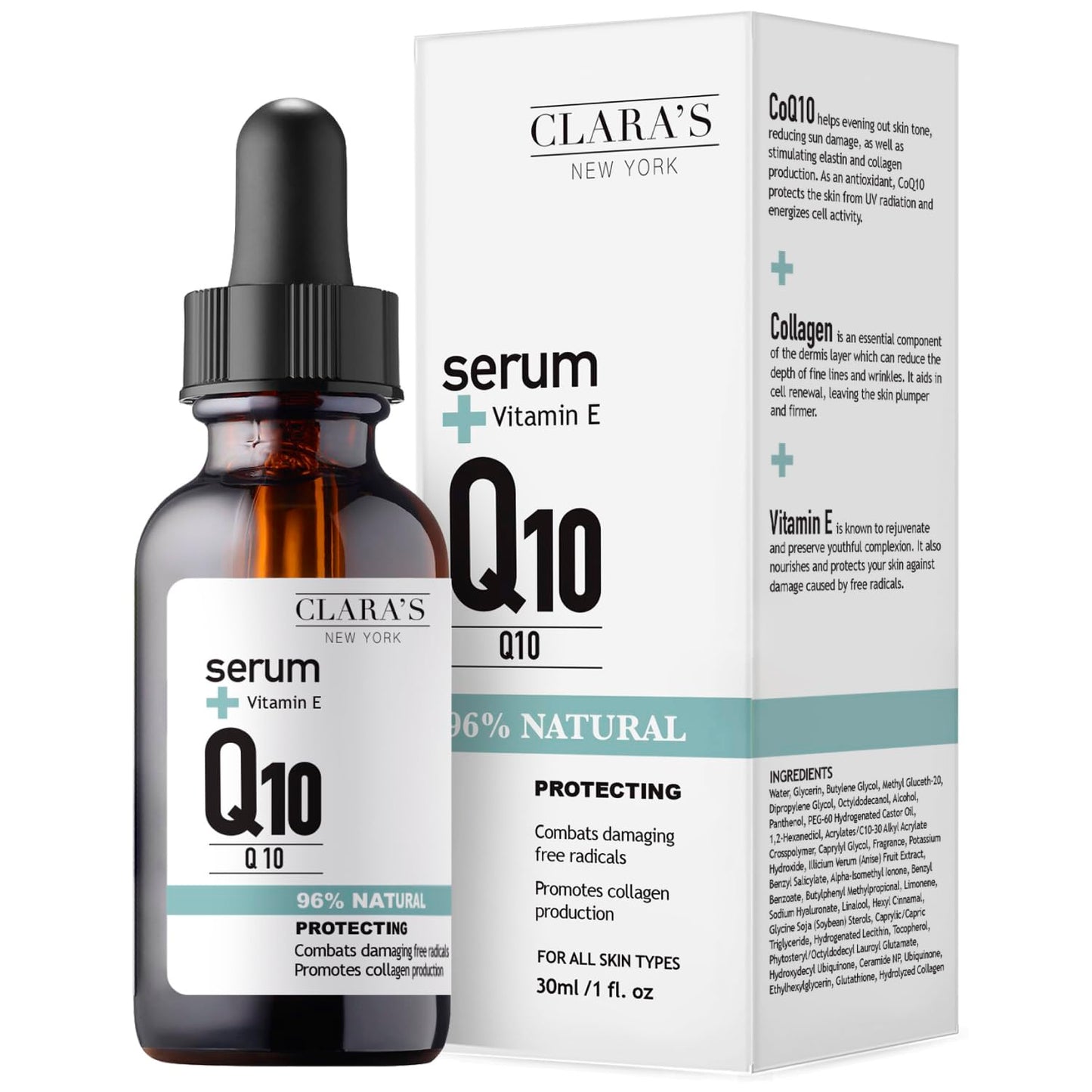 CLARA'S NEW YORK Q10 Facial Serum with Vitamin E - Hydrating, Brightening & Skin-Supportive - 30ml / 1 Fl Oz - Made in USA