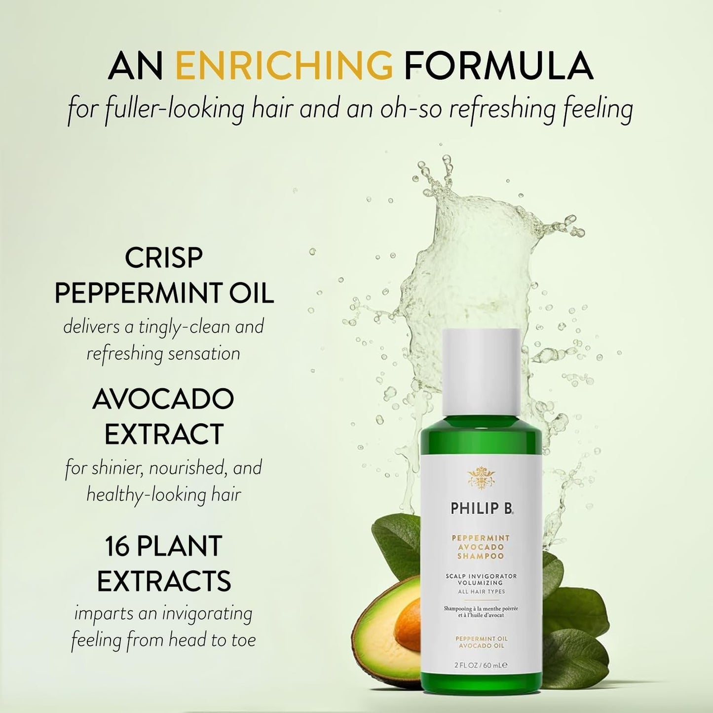 PHILIP B. Peppermint Avocado Conditioner 6oz + Peppermint Avocado Shampoo 2oz Set - Volumizing & Clarifying, Oil and Eucalyptus Invigorates the Scalp