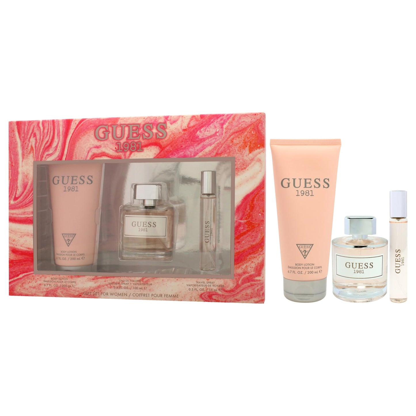 Guess 1981 for Women 3 Piece Gift Set, 3.4oz Eau De Toilette Spray + 0.5oz Eau De Toilette Spray + 6.7oz Body Lotion