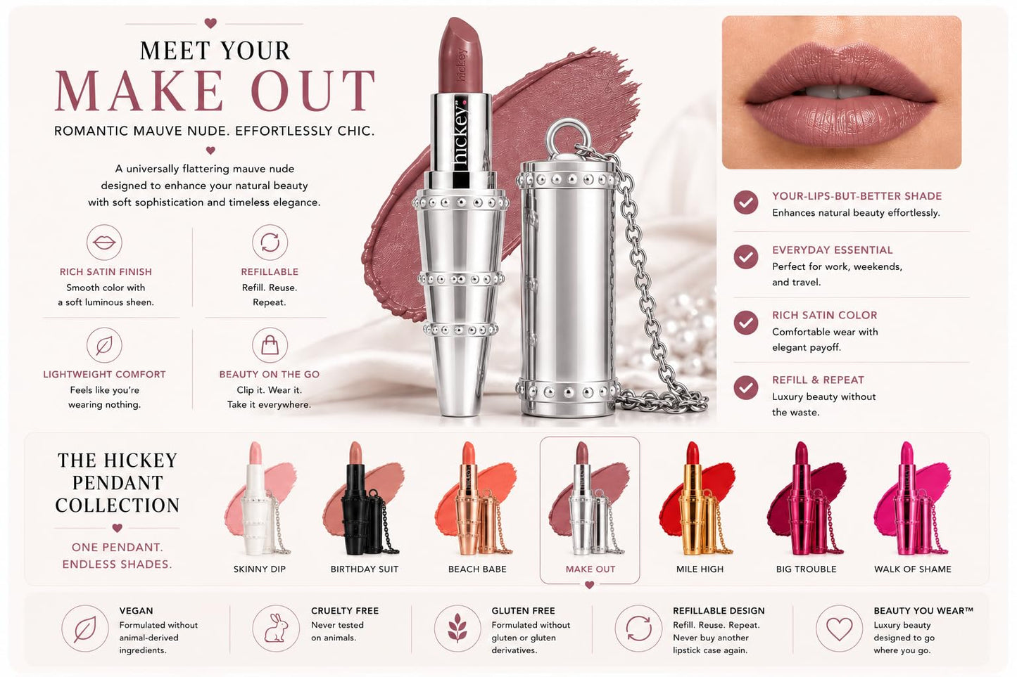 Hickey Refillable Pendant Lipstick, Make Out[Sheer Mauve Nude] - Wearable Satin Lip Color on a Chain, Refillable Clean Beauty, Full Lipstick Included