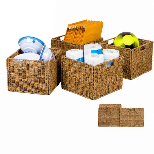 Trademark Innovations 12.7" Foldable Seagrass Storage Basket with Iron Wire Frame (Set of 4)