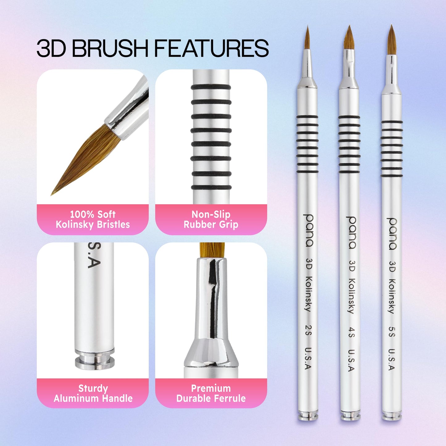 PANA 3D Kolinsky Acrylic Nail Art Sculpture Brush with Silver Metal Non-Slip Grip Handle for Manicures 3D Nail Art Flower Designs (Size #5) Beauty & Personal Care PANA
