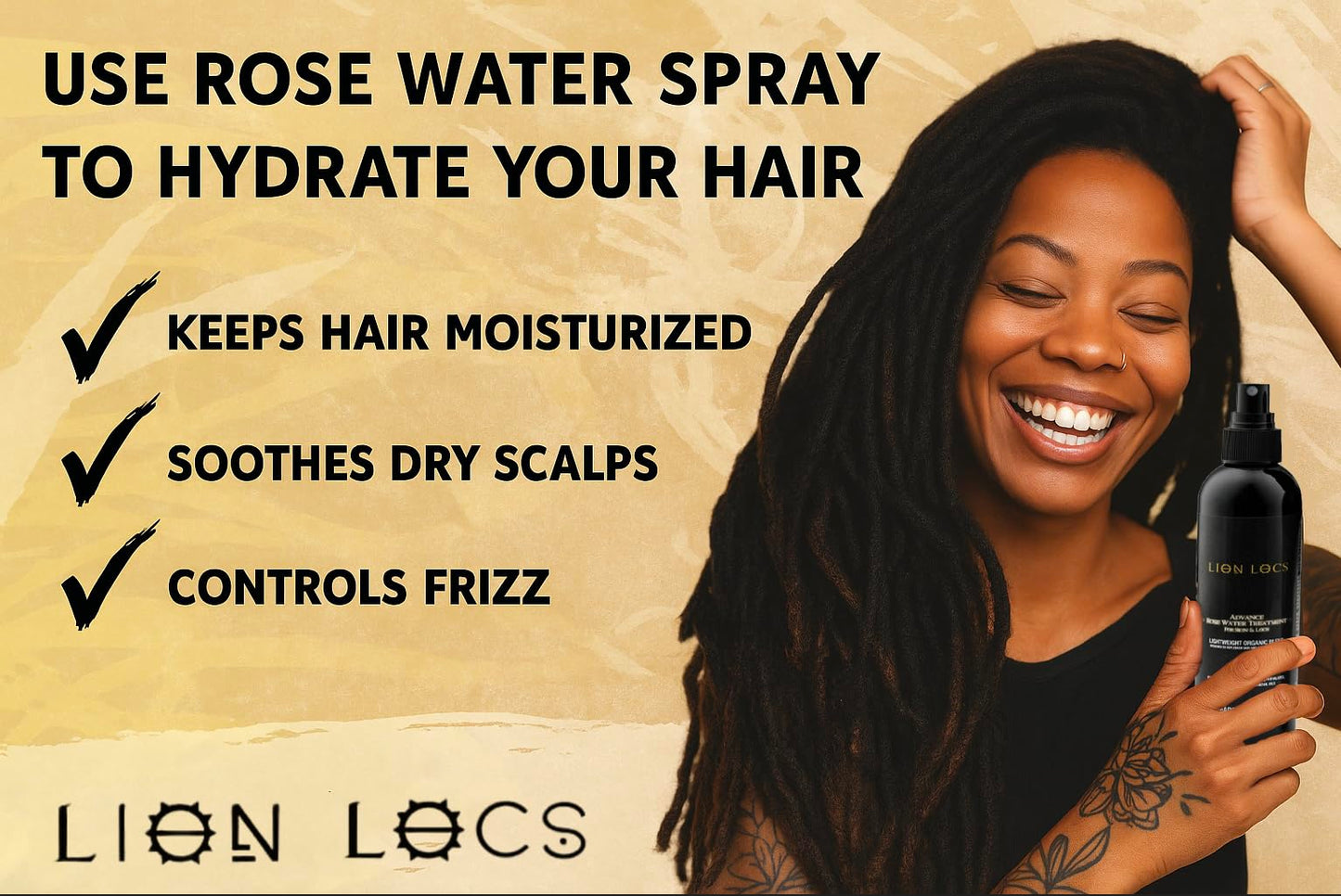 Lion Locs Rosewater Spray for Dreads, Dreadlocks, Braids, Faux Locs, Crochet Locs, Sisterlocks with Aloe, Essential Oils, Vitamins, and Glycerin