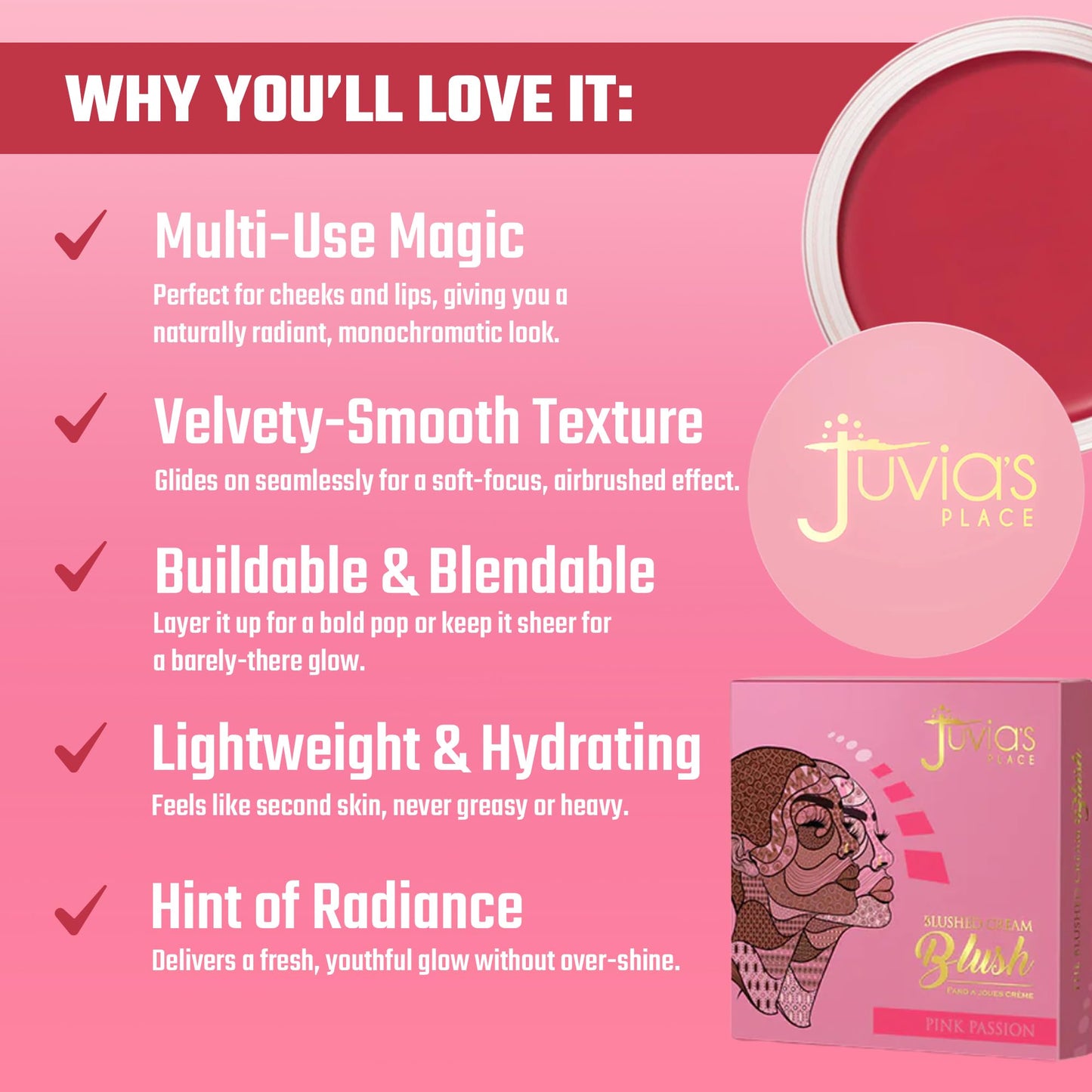 Juvia's Place Blushed Cream Blush - Pink Passion - Multi-Purpose Cream Blush for Cheeks & Lips - 2in1 Formula, Smooth, Blendable Texture for a Soft