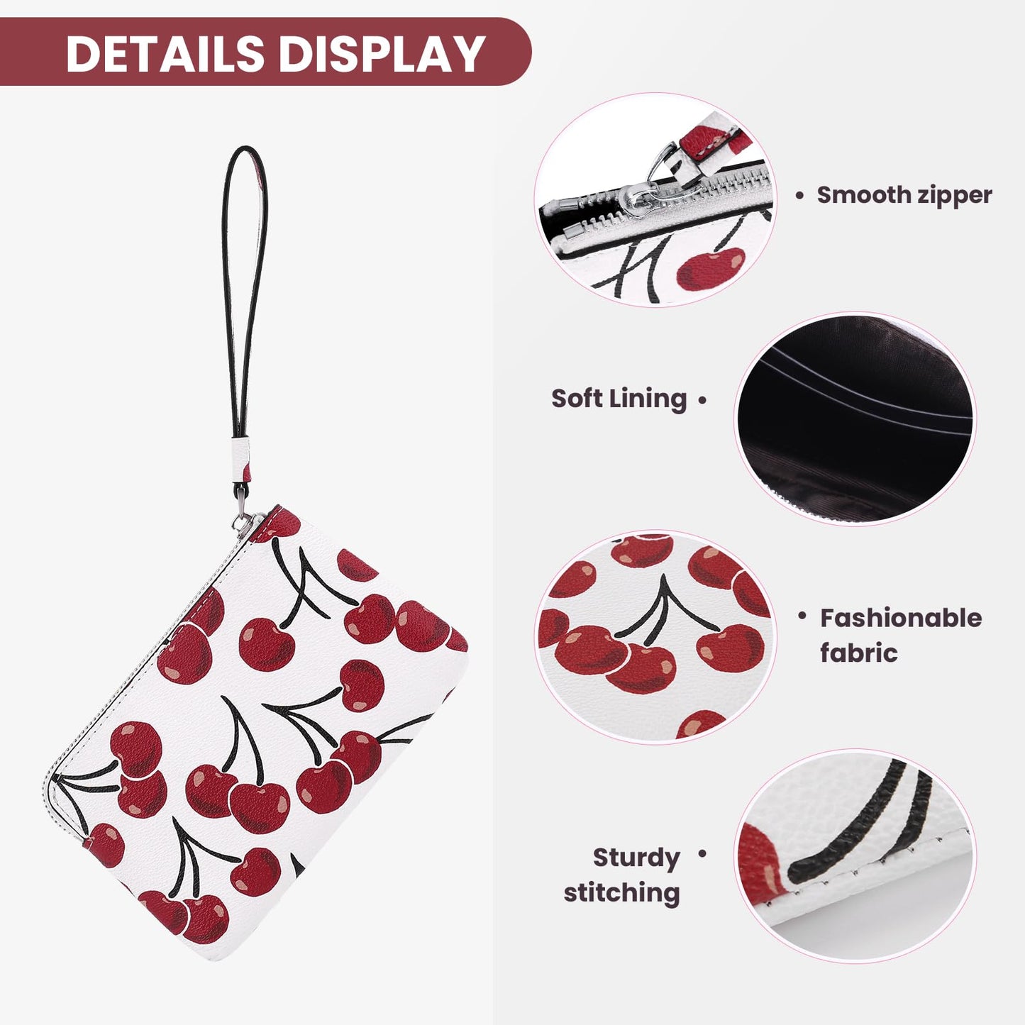 CATSEA Small Wristlet Purse Cherry Wristlet Wallet For Women Trendy Pu Leather Clutch Designer Evening Purse