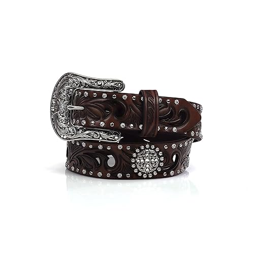 ARIAT Women's Scroll Cutout Concho Nailhead Edged Belt, Brown, Medium