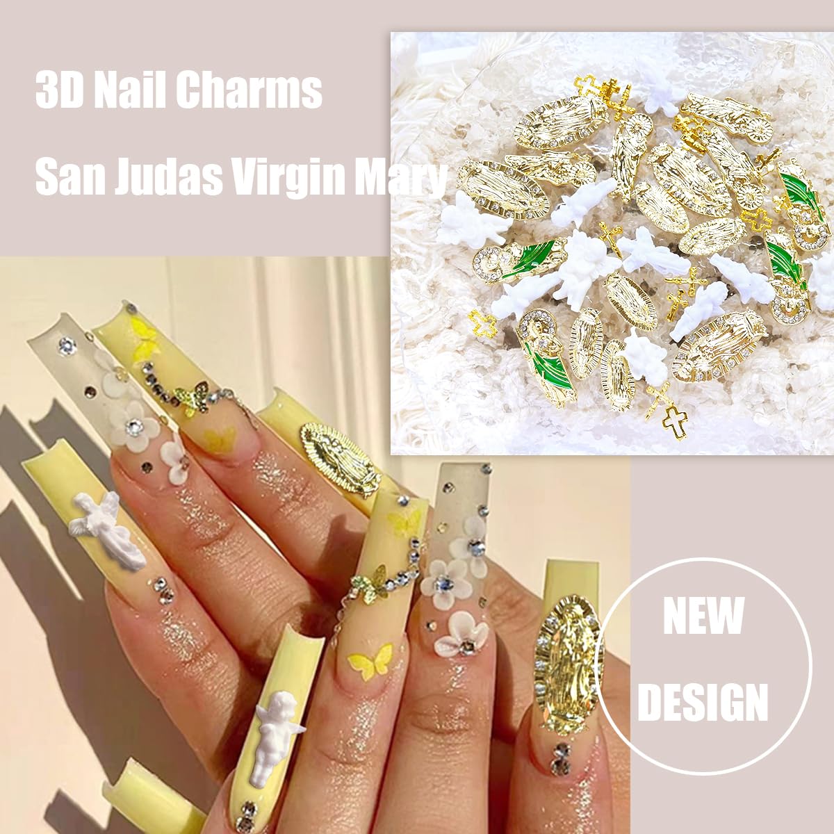 San Judas Virgin Mary Cross 3D Nail Charms Angel Gold Alloy Metal Rhinestones for Acrylic Nail Art Religious Gems Jewels Vintage Manicure Accessories