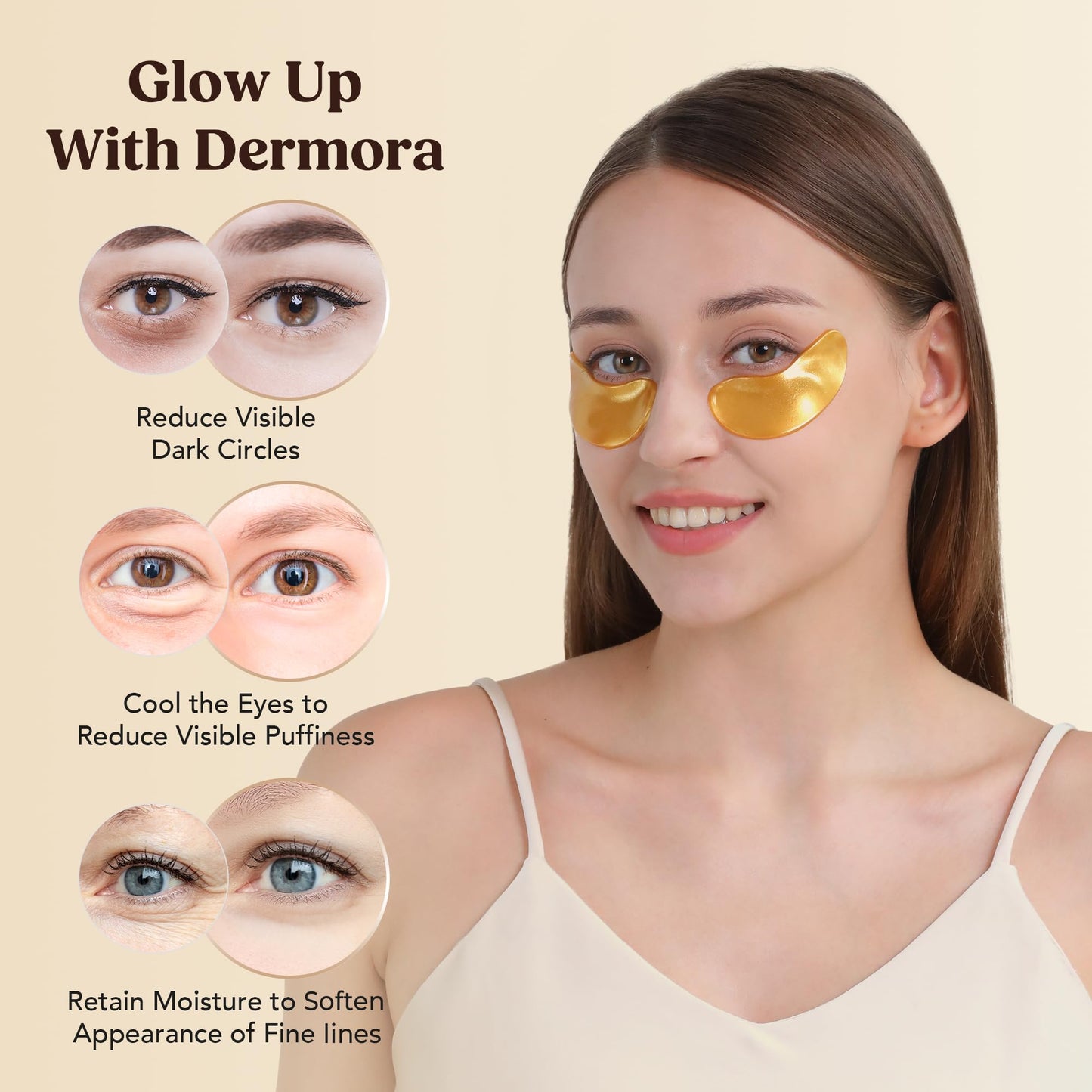 DERMORA Golden Glow Under Eye Patches - 50 Pairs Individually Packed, Hydrating Soft Gel Eye Masks for Puffiness, Wrinkles, Dark Circles & Fine Lines Beauty and Personal Care DERMORA