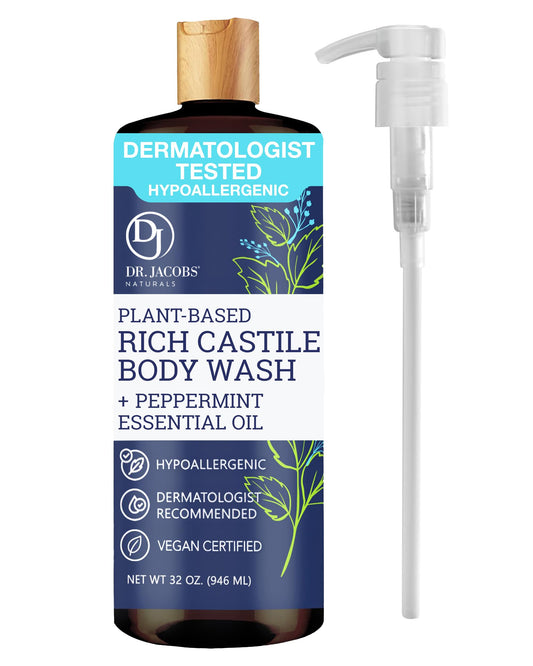 Dr. Jacobs Naturals Castile Peppermint All-Natural Body Wash for Moisturizing Dry and Sensitive Skin with Plant-Based Ingredients with Pump - 32 Ounce Beauty & Personal Care DR.JACOBS NATURALS