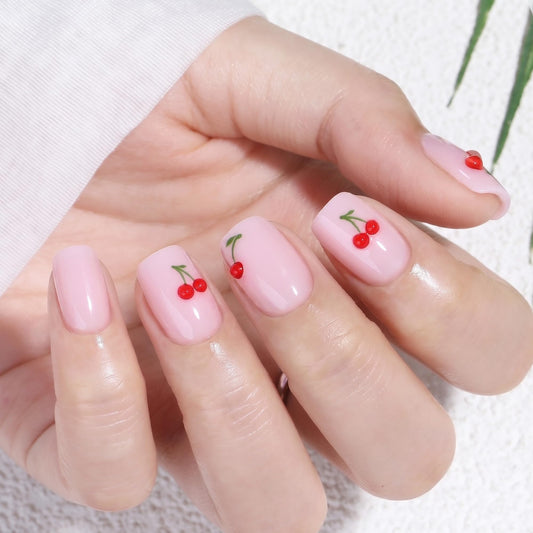 UNA GELLA Short Square Press On Nails Soft Gel - 32Pcs 16 Sizes Milky Pink Base Cherry Fake Nails with Glue and Adhesive Tabs, Reusable Glue On Nails Beauty and Personal Care UNA GELLA Default Title