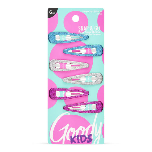 Goody Kids Snap & Go Contour Clips - 6 Count, Glitter - Snap Clips - Suitable for All Hair Types - Pain-Free Hair Accessories for Girls and Boys - All