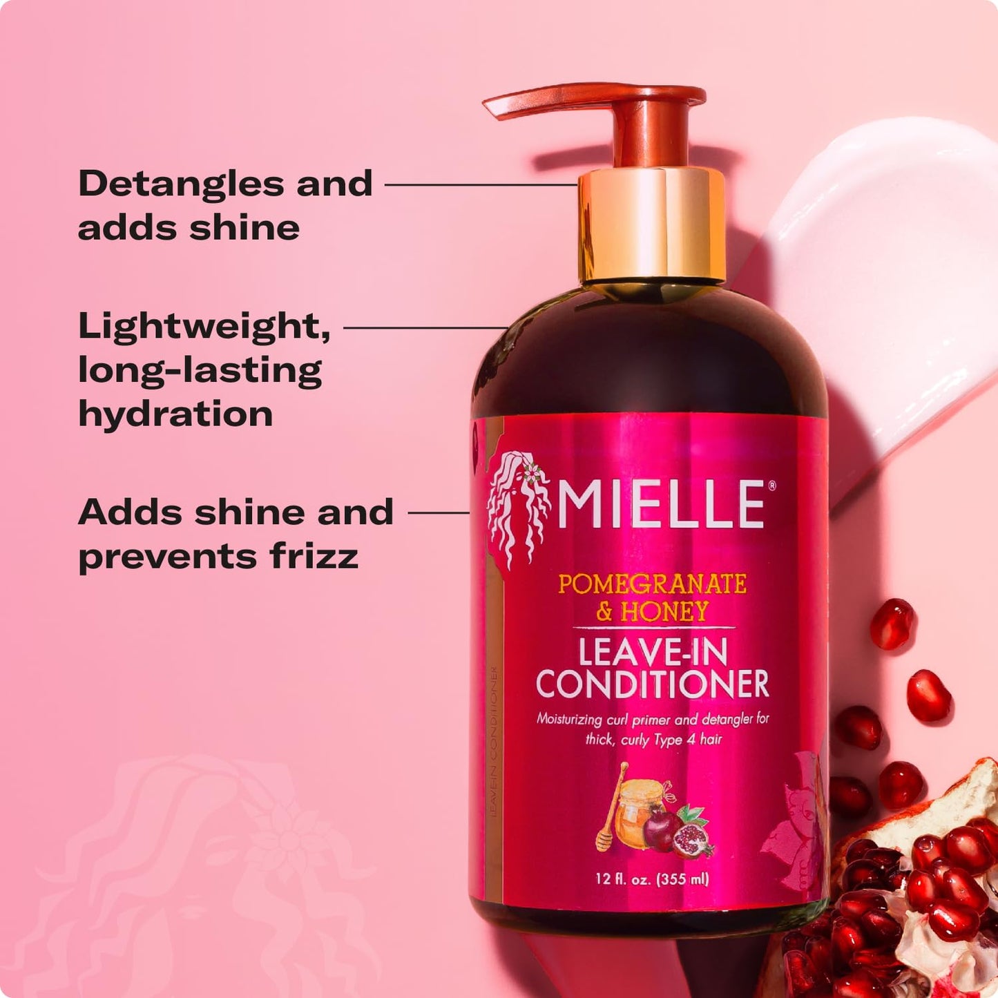 Mielle Organics Pomegranate & Honey Leave In Conditioner for Curly Hair - Moisturizing Detangler & Curly Hair Treatment to Help Repair Damage, Prevent