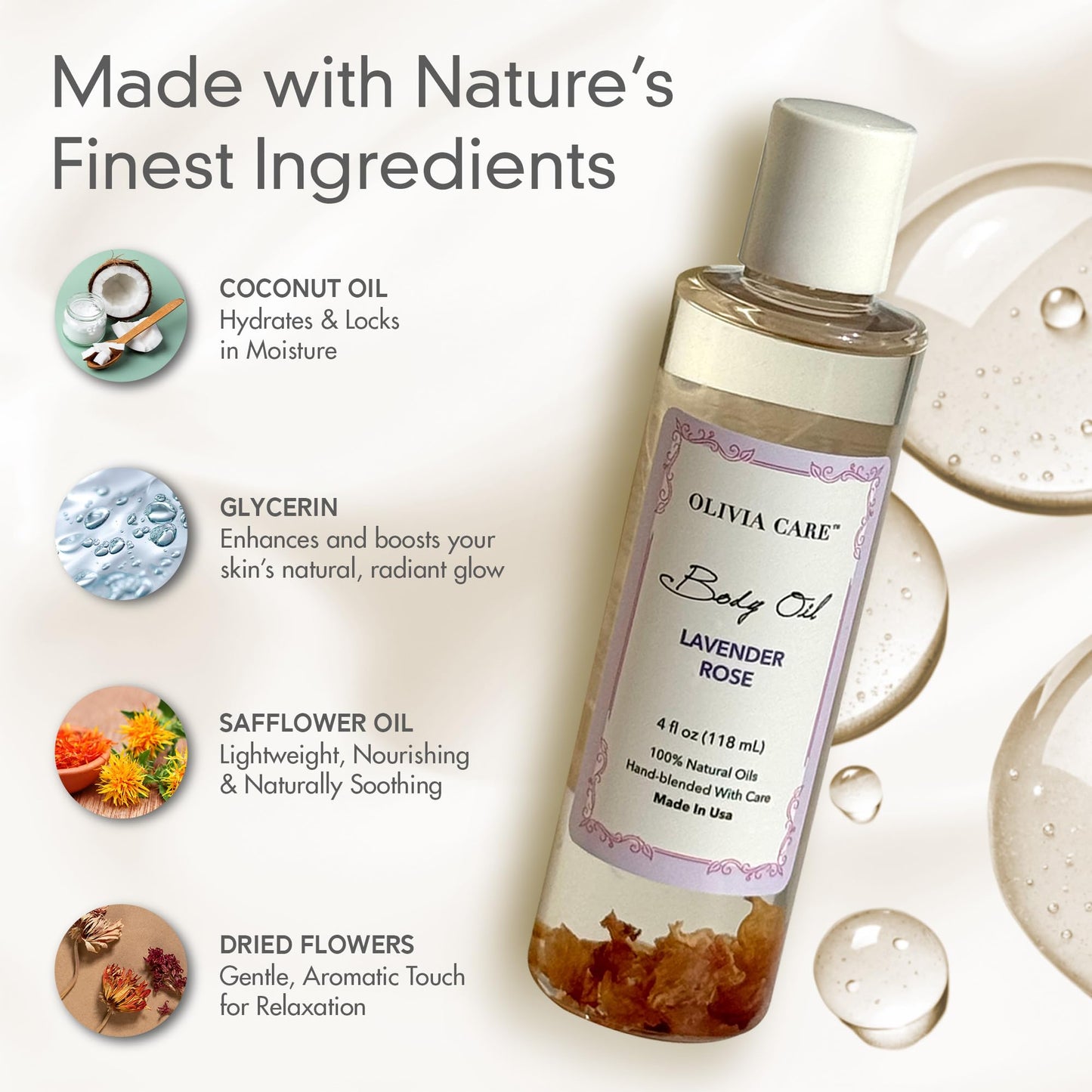 Olivia Care Body Oil Lavender Rose Vegan & Natural Perfume Oil For Women | Hydrating After Bath Oil- Infused with VITAMIN E, K & Omega Fatty Acids