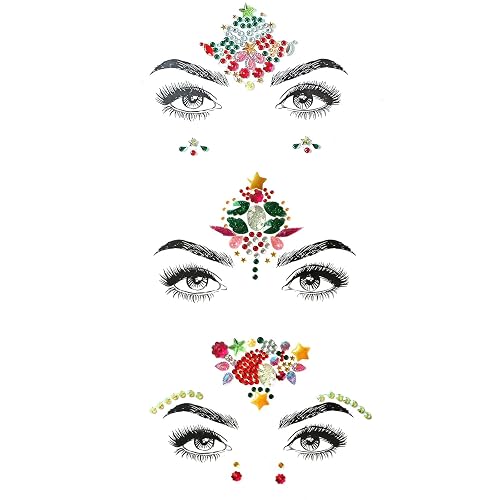 Christmas Face Gems,3PCS Crystal Body Glitter Face Stickers Festival Makeup Jewels Temporary Tattoo Glitter Rhinestone Adhesive for Face Eyes Body