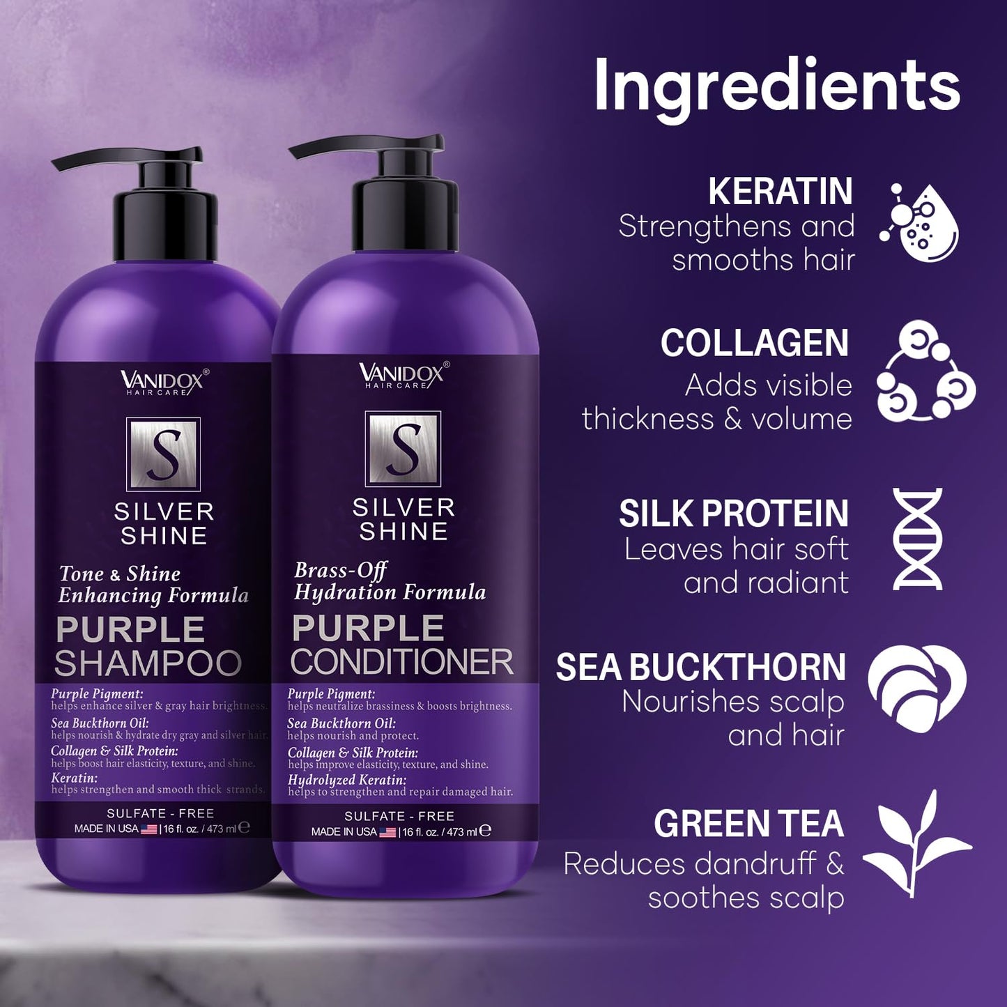 VANIDOX Sulfate Free Brass Toning Purple Shampoo and Conditioner Set for Grey and Silver Hair, Moisturizing & Color-Safe, Enhances Shine & Brightness