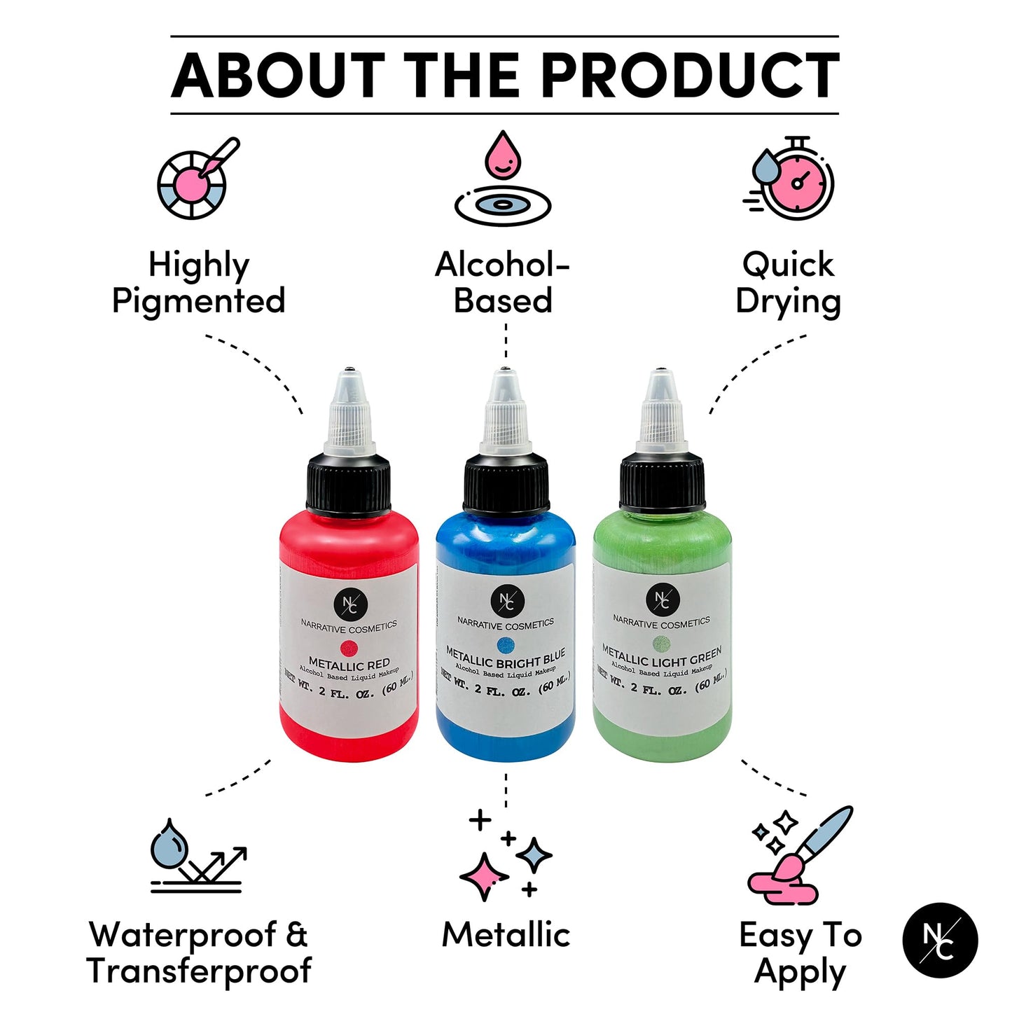 Narrative Cosmetics Metallic Alcohol Airbrush Paints - 2 fl oz, Skin Safe, Quick Dry, Waterproof, Sweatproof, Transferproof Liquid Makeup