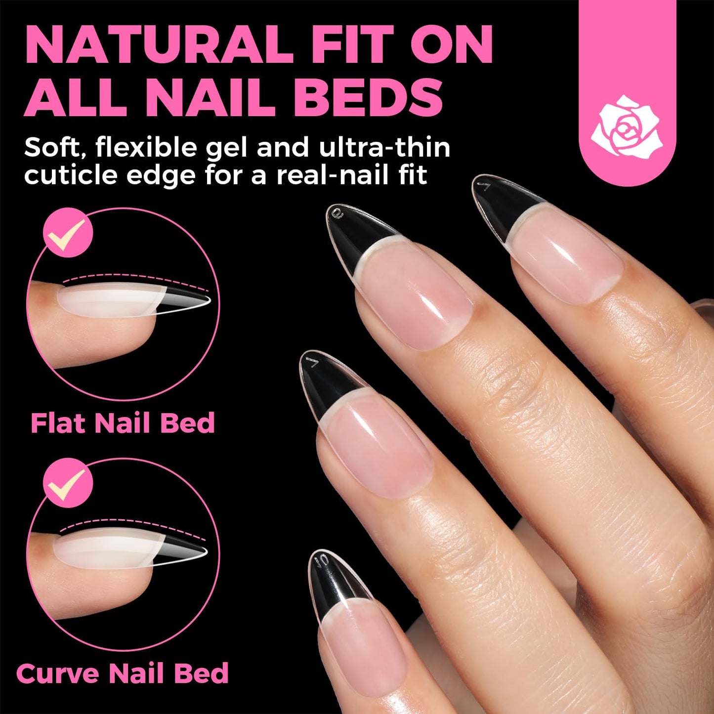 UNA GELLA Almond Gel Nail Tips, 504PCS Pre Etched Clear Fake Nails Tips Medium Almond Shape - 12 Sizes Full Cover Soft Acrylic Press On Nail
