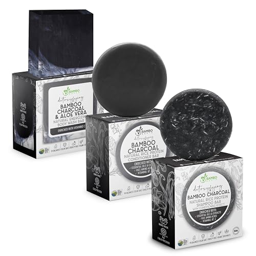 Solid Rice Protein Shampoo, Conditioner and Body Wash Bundle | Shampoo, Conditioner & Wash Bars For Hair and Body w/All Natural Essential Oils & Zero