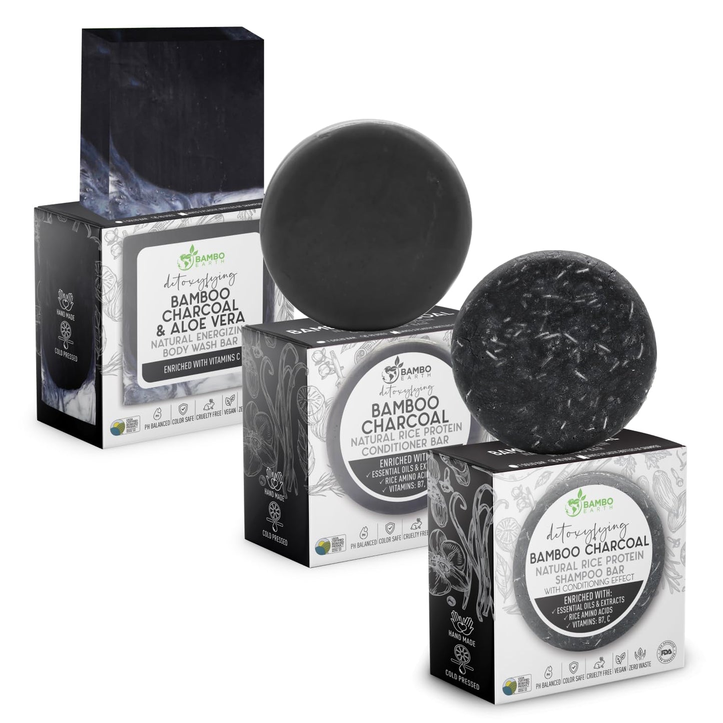 Solid Rice Protein Shampoo, Conditioner and Body Wash Bundle | Shampoo, Conditioner & Wash Bars For Hair and Body w/All Natural Essential Oils & Zero