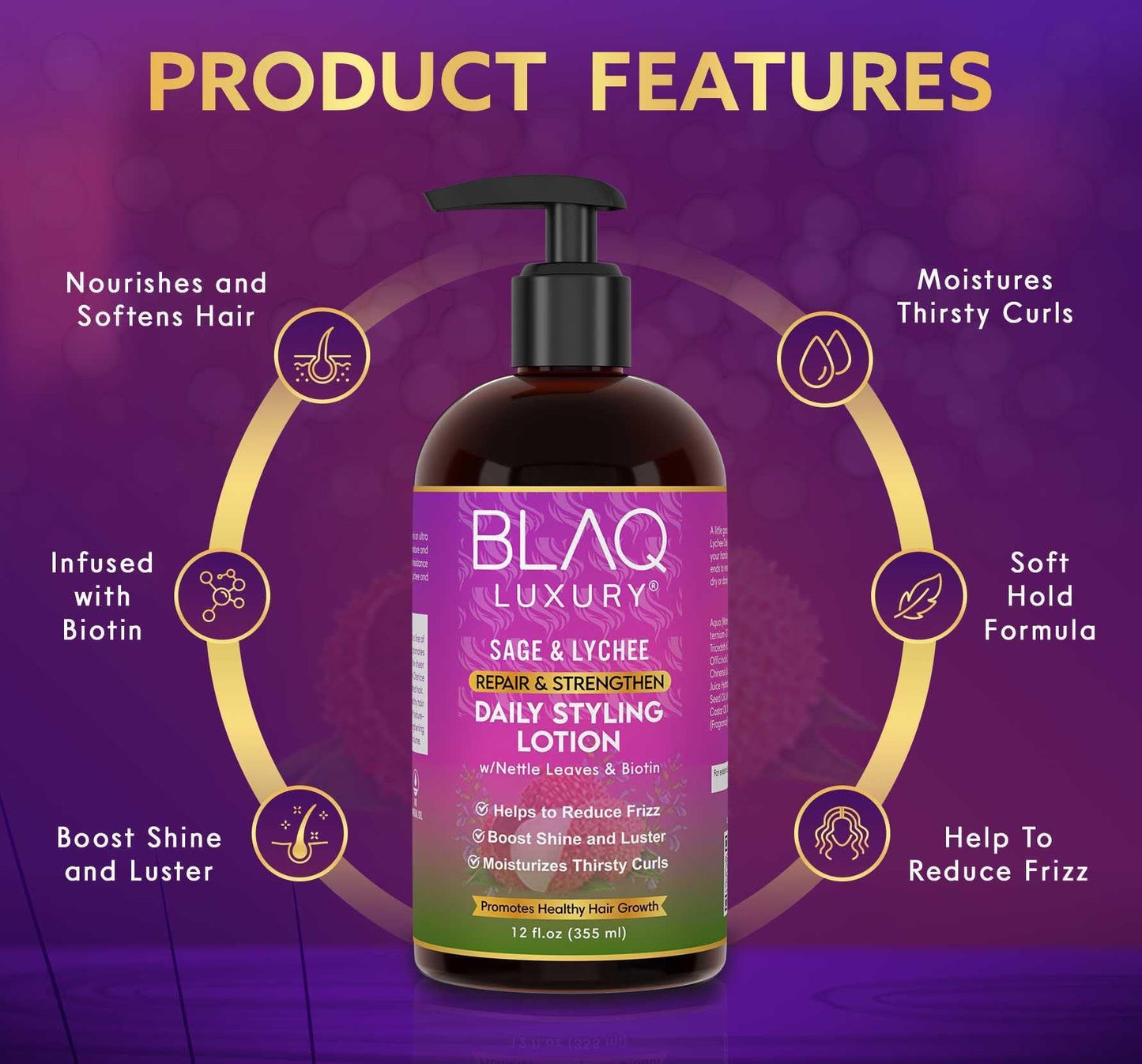 Blaq Luxury Sage & Lychee Daily Styling Lotion - Formula for Easy Styling and Frizz Control - Infused with Biotin and Natural Botanicals - Promotes