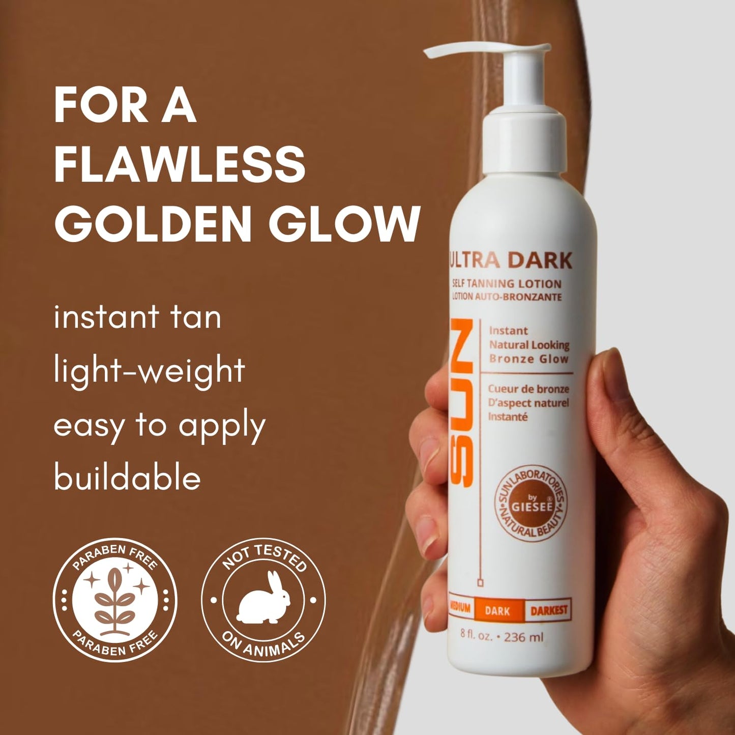 Sun Laboratories By Giesee Ultra Dark Sunless Tanning Lotion 8 oz - Premium Tanning Lotion for Instant Glow, Organic Self Tanner, Perfect for Body