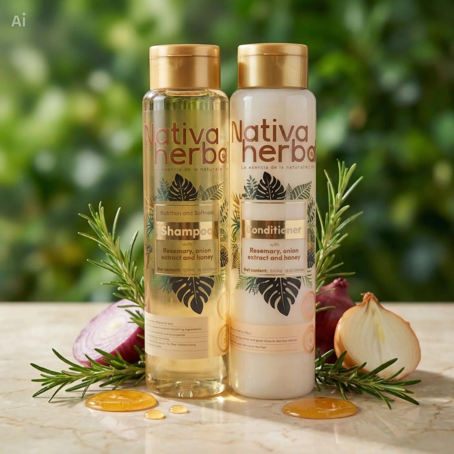 Nativa Herbal Rosemary and Onion Shampoo & Conditioner - Hair Growth and Anti Hair Loss Set, Organic 18.5 fl oz Each, Strengthens Roots, Restores