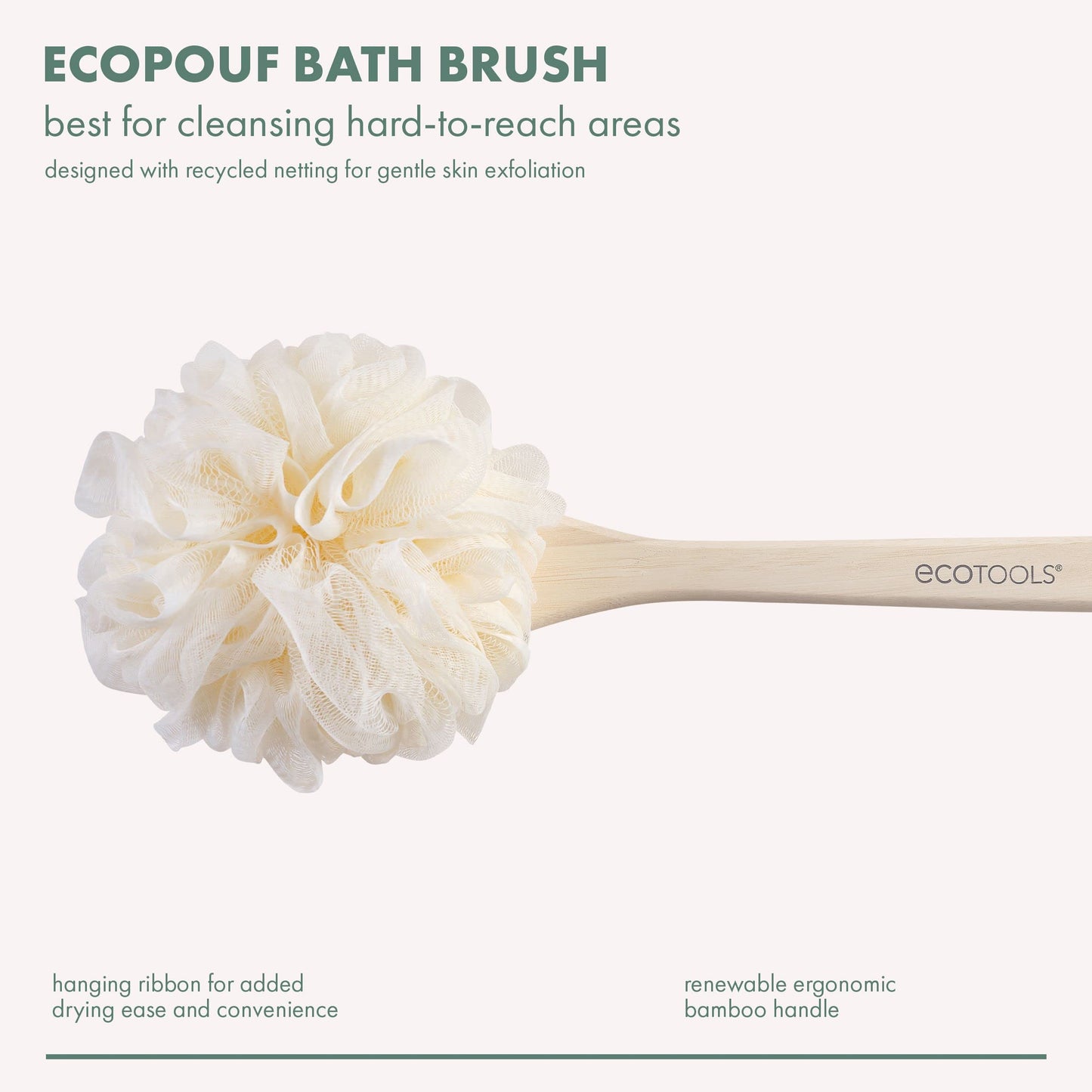 EcoTools EcoPouf Bath Brush, Loofah Brush for Bath & Shower, Made with Long Handle & Recycled, Soft Netting for Gentle Exfoliation, Back Brush for Men
