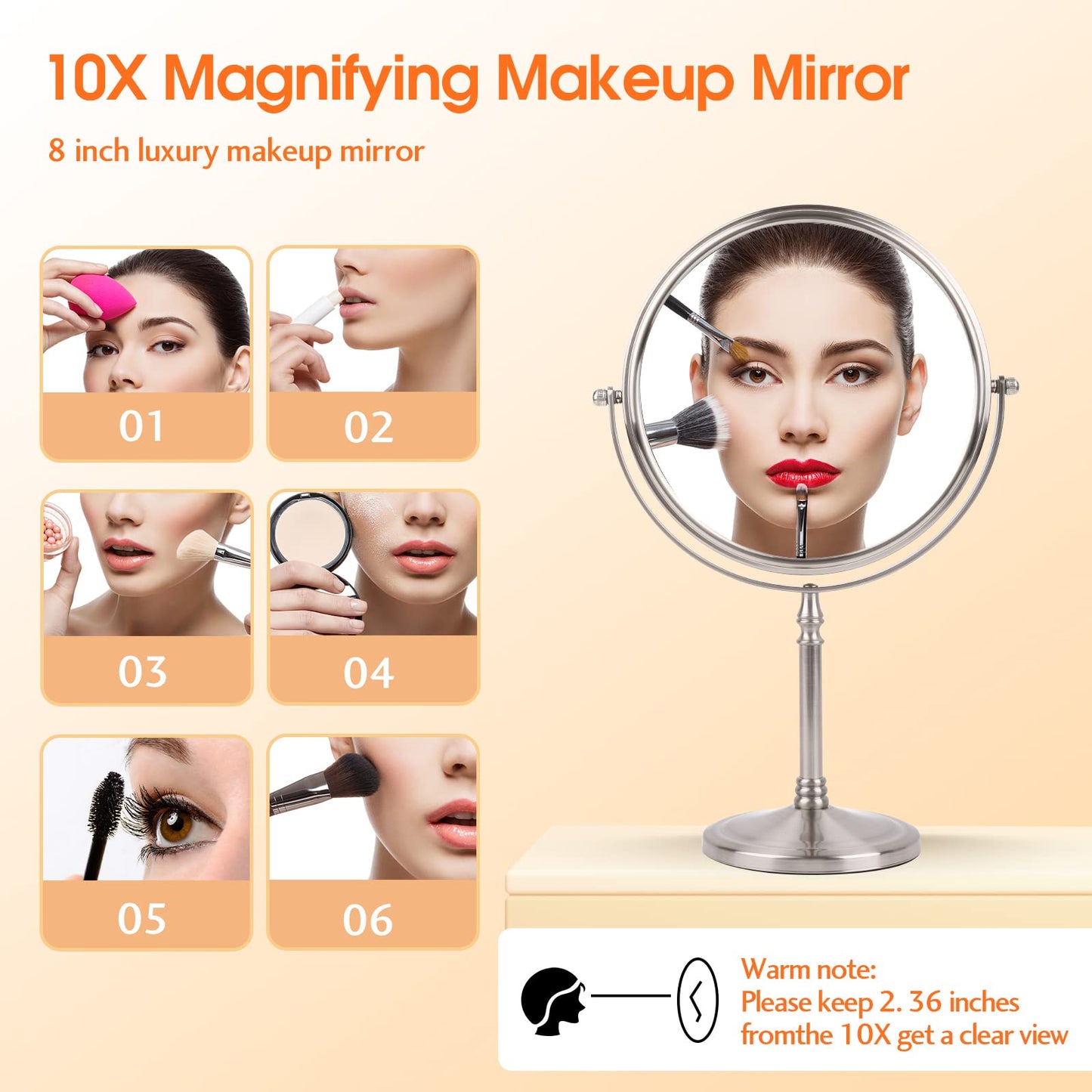 Ohotecy Makeup Mirror 8" Magnifying Mirror 1/10X Magnification, Large Table top Double-Sided Swivel Vanity Mirror Chrome Finish